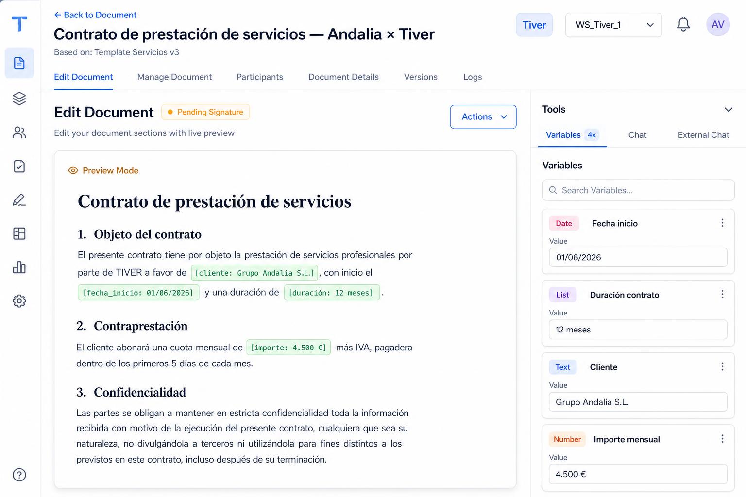 Editor de documentos de Tiver mostrando un contrato de prestación de servicios con secciones, variables dinámicas (cliente, fecha de inicio, duración, importe) y panel lateral de gestión de variables