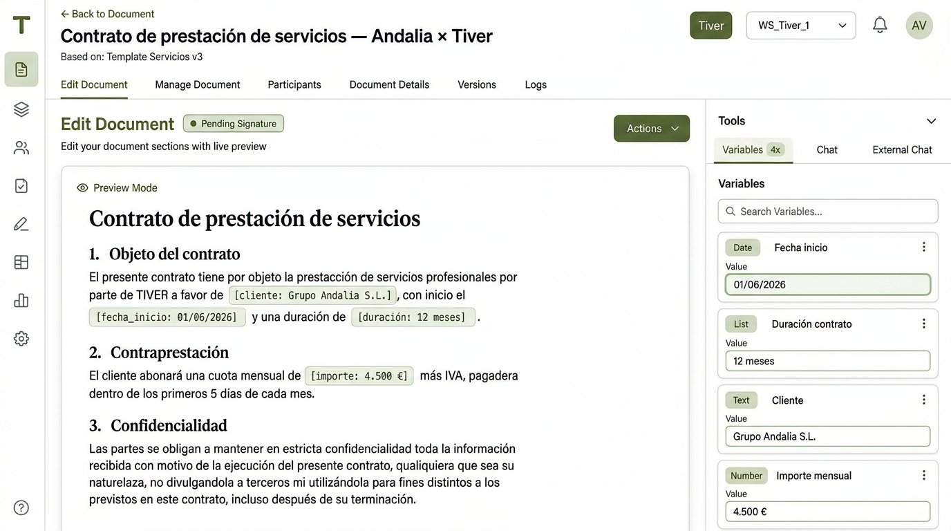Editor de documentos de Tiver mostrando un contrato de prestación de servicios con secciones, variables dinámicas (cliente, fecha de inicio, duración, importe) y panel lateral de gestión de variables